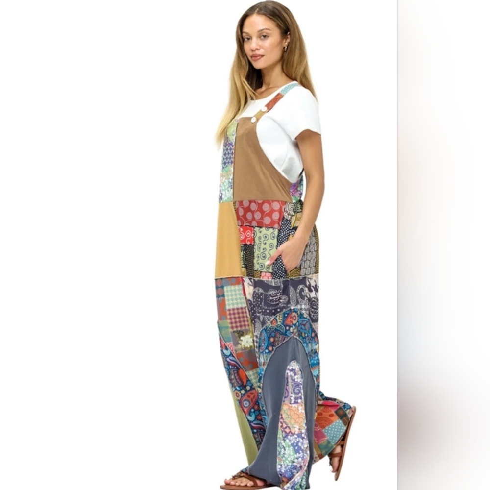 JS1 NWT Yak & Yeti Colorful Patchwork Overalls Adjustable Sm/Md Lg/XL Pockets - Picture 4 of 10